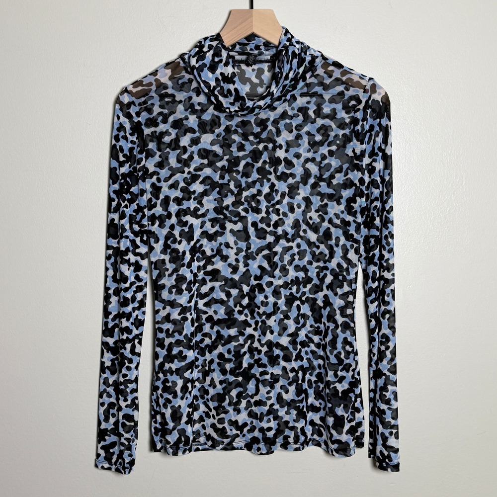 White House Black Market Blue Abstract Animal Print Mesh Cowl Neck Top Mens M